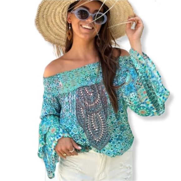 Valery Vain Tops - Women Valery Vain Jesse Smocked Top S Boho Hippie Gypsy Resort Vacation Beach